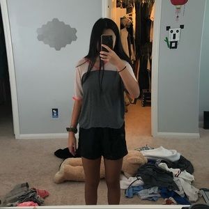 V-neck gray top with mesh shoulders